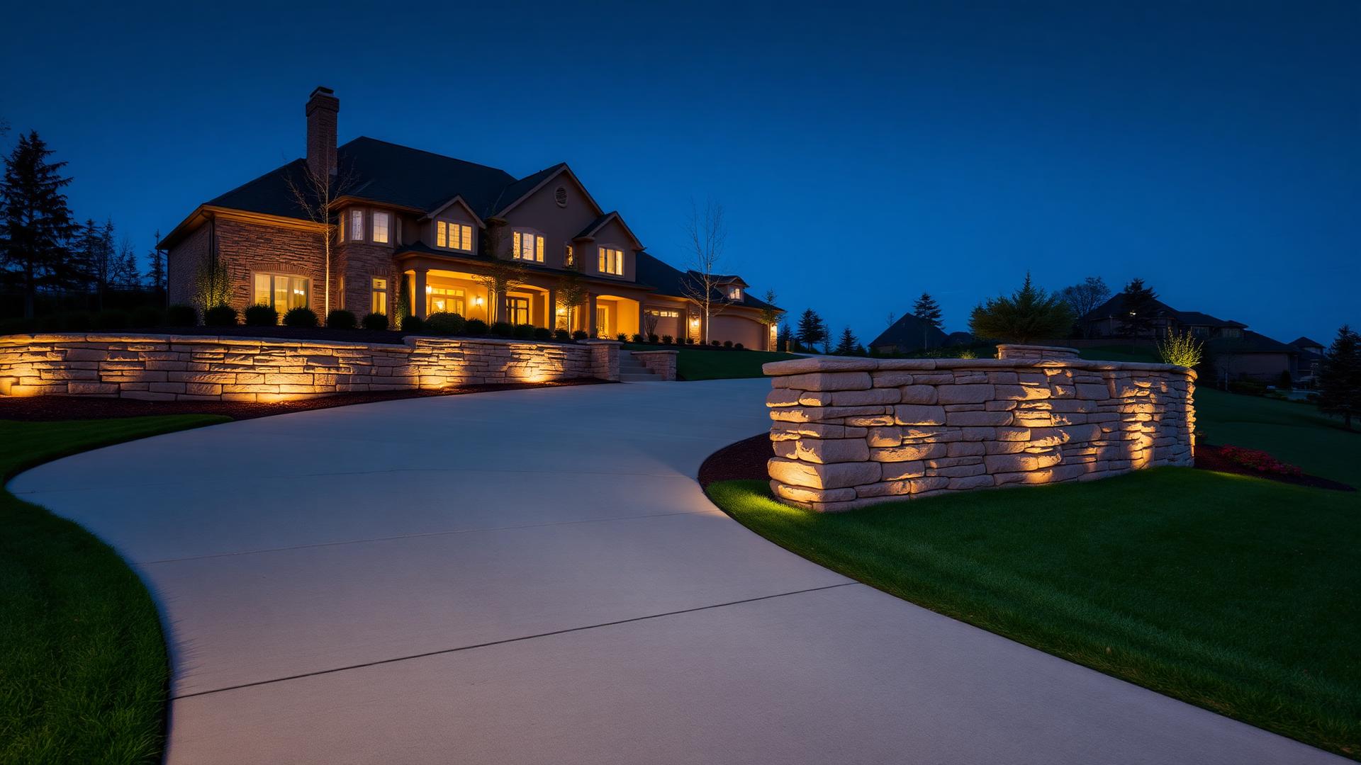 Curved concrete driveway beside a lighted stone retaining wall in Atlanta, Georgia