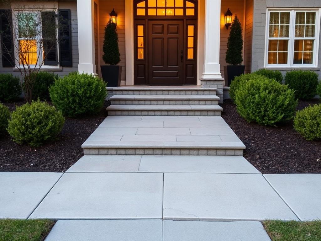 Concrete and stone entryway steps with clean landscaping